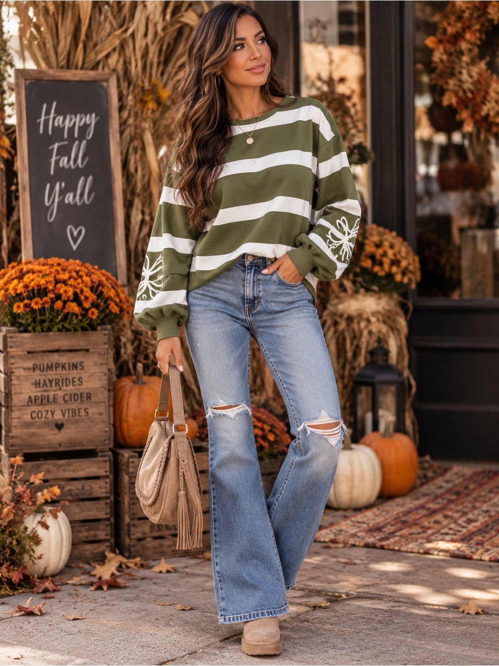 B817. Stylish Striped Olive & White Embroidered Sleeve Top